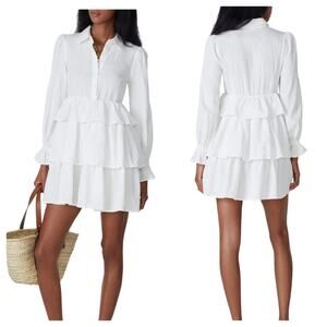 Line & Dot Dress Lia Multi Tier Mini Jacquard Button Collared Linen Cotton White